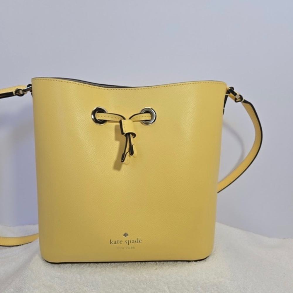 Kate Spade Yellow Leather Drawstring Crossbody Bucket Bag